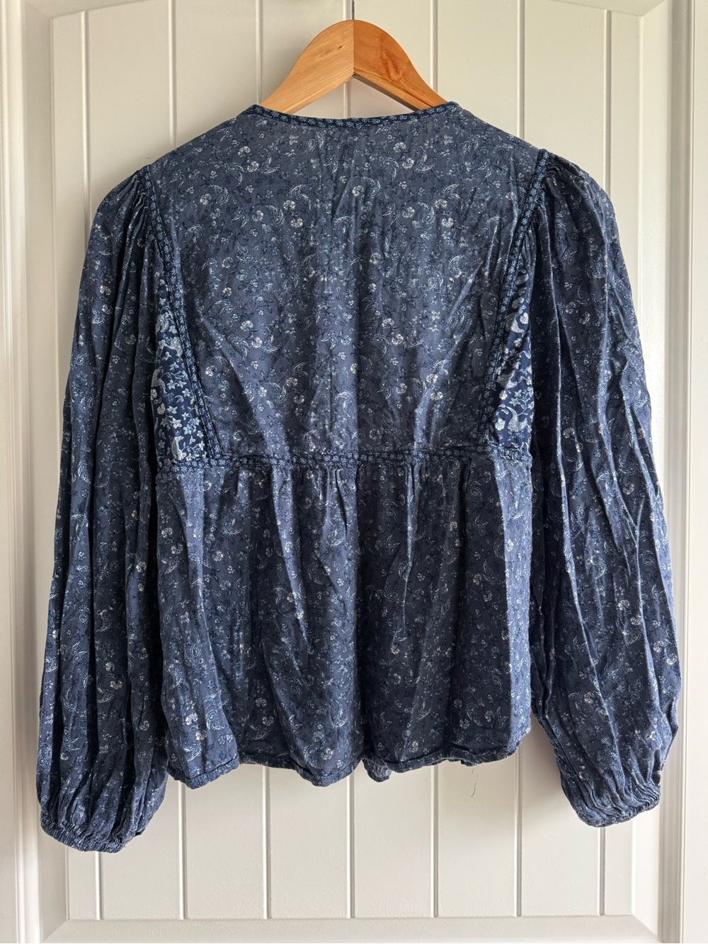 Old Navy Navy Blue Floral Mixed-Print Poet Peasant Blouse Balloon Sleeve S Boho - Picture 4 of 7